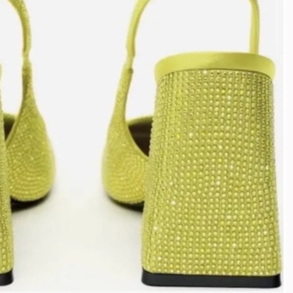 Zara Yellow Rhinestone Block Heel Slingback Pumps - Picture 3 of 7